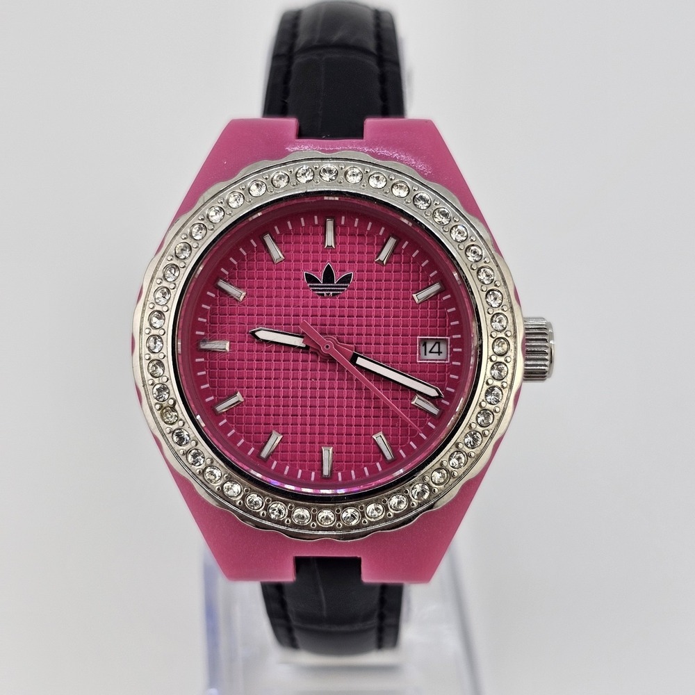 Adidas Women's Watch 35MM Pink Dial Date NEW Black Leather Bands New Battery